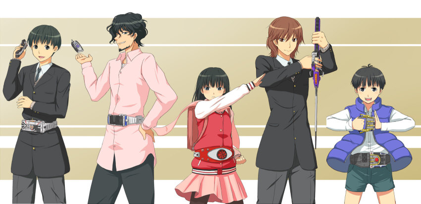 1girl, 4boys, aged_down, amagami, ayatsuji_tsukasa, belt, cellphone, hanazono_seiji