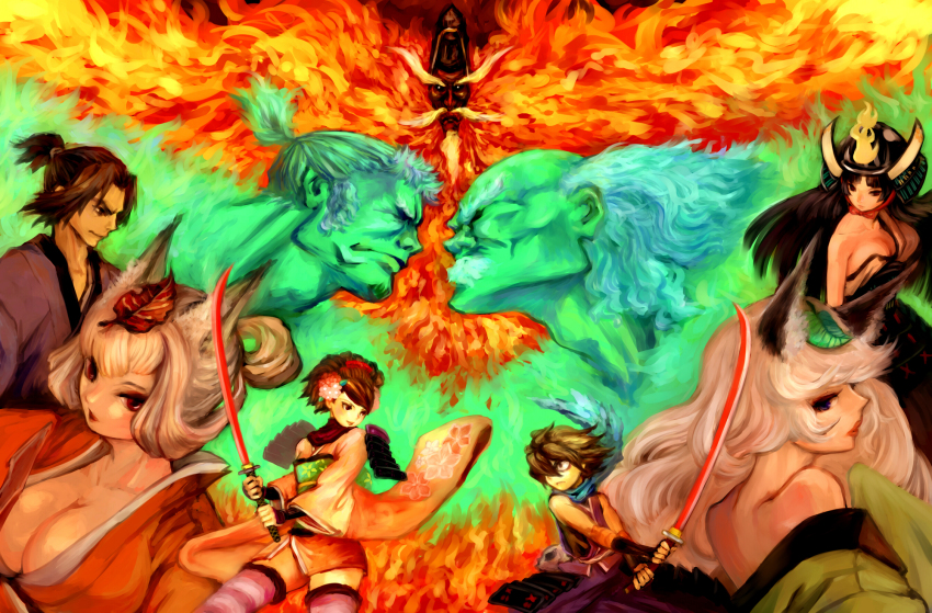 3boys, 4girls, animal_ears, armor, artist_request, back, bad_id, bad_pixiv_id