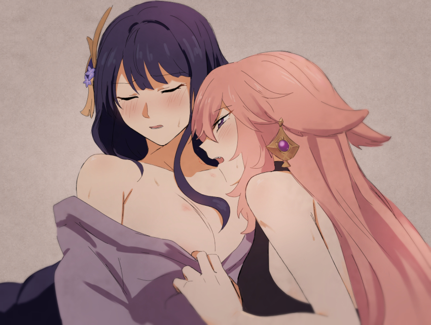 2girls, animal_ears, bite_mark, bite_mark_on_neck, blush, breasts, closed_eyes, fox_ears