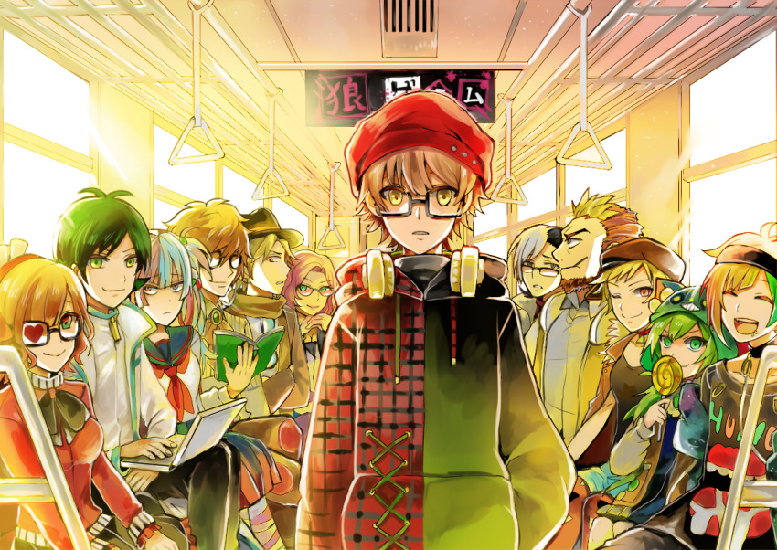 5girls, 6+boys, aya_tori, beard, black_hair, blonde_hair, blue_hair, brown_hair, candy, closed_eyes, closed_mouth, facial_hair, food, glasses, green_eyes, green_hair, holding, holding_candy, holding_food, holding_lollipop, iida_rintarou, kaidou_miho, kamiki_ritsu, kojima_takeo, komiya_chie, lollipop, long_hair, looking_at_another, looking_at_viewer, mori_misaki, multicolored_hair, multiple_boys, multiple_girls, nagai_osamu, niimura_kou, ookami_game_(studio_wasabi), one_eye_closed, open_mouth, orange_eyes, pink_eyes, pink_hair, shimotsuki_yukinari, short_hair, sitting, takayama_maki, train_interior, tsuchiya_takuya, white_hair, yellow_eyes, yonemori_satoru