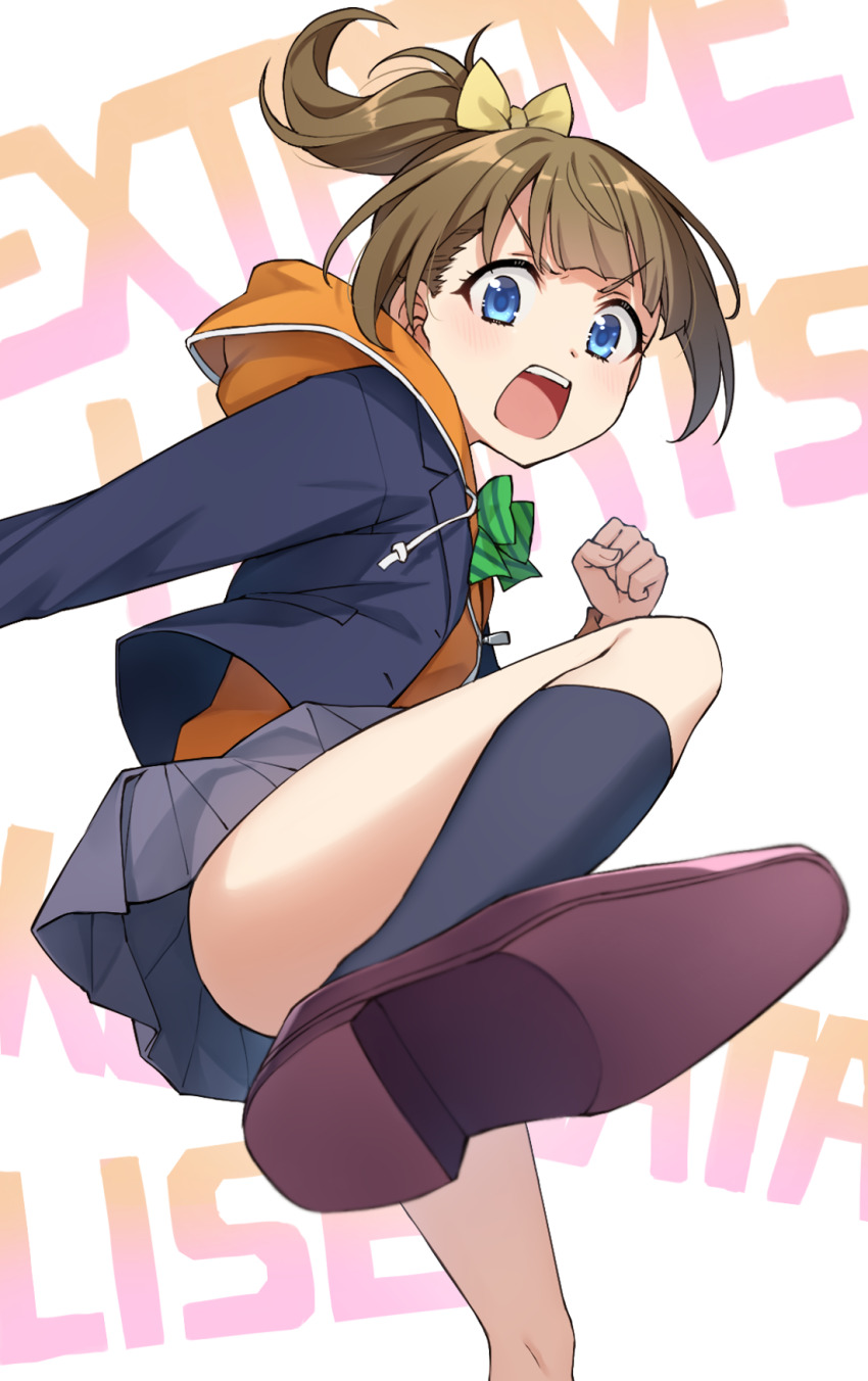 1girl, ass, black_socks, blazer, blue_eyes, blue_jacket, bow, brown_footwear