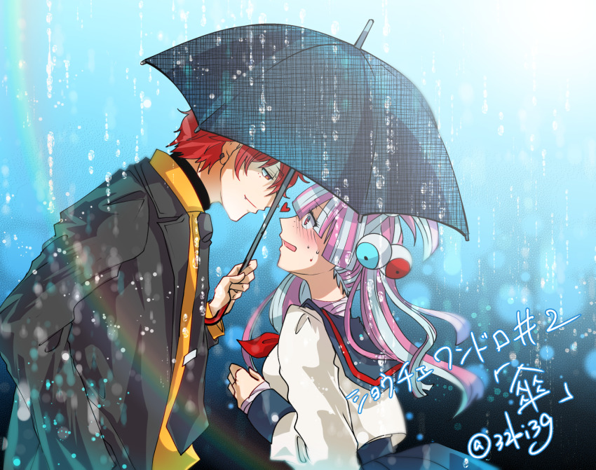 1boy, 1girl, akamura_shouma, blush, closed_mouth, eyeball_hair_ornament, facing_another, heart