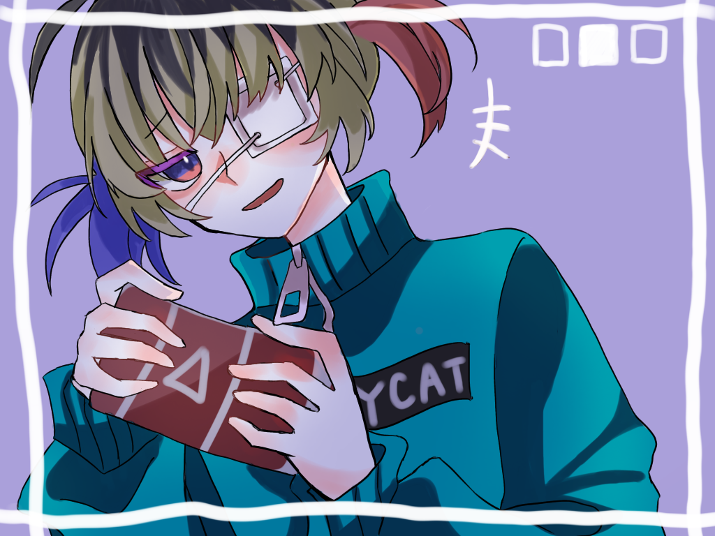 1girl, androgynous, black_hair, blonde_hair, blue_hair, blue_jacket, border, eyepatch