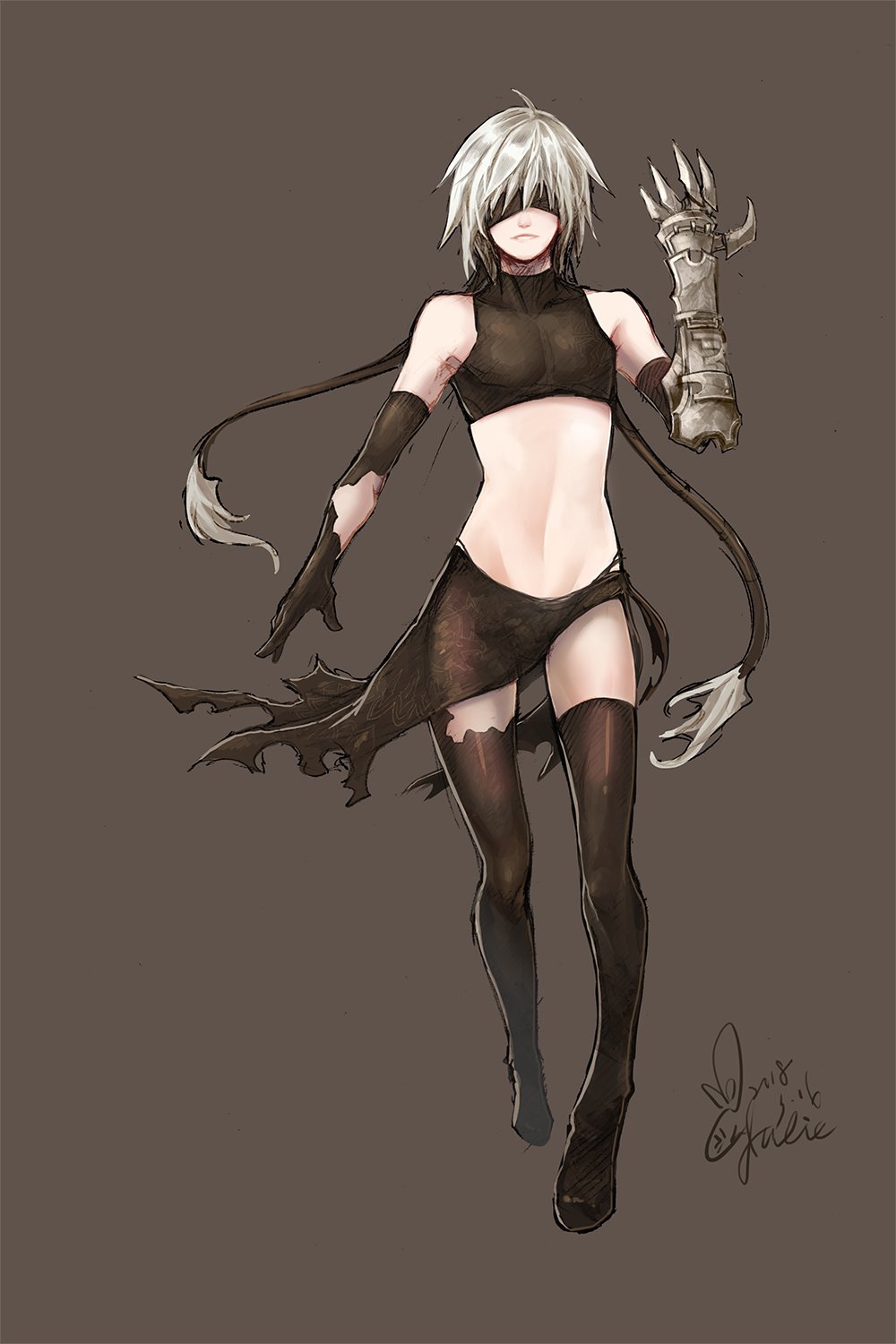 1boy, albel_nox, black_gloves, black_thighhighs, blindfold, clawed_gauntlets, full_body, gloves