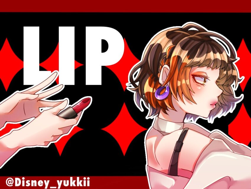 1girl, 1other, black_background, braid, brown_hair, choker, disembodied_hand, disney_o626, earrings, facing_to_the_side, hoop_earrings, jewelry, lipstick, long_sleeves, makeup, multicolored_background, multicolored_hair, off-shoulder_shirt, off_shoulder, ookami_game_(studio_wasabi), orange_eyes, orange_hair, red_background, shinozaki_aori, shirt, short_hair, twitter_username, white_choker, white_shirt