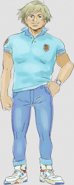 1boy, artist_request, blonde_hair, blue_shirt, concept_art, douglas_ken_osborn, engi_(animation_studio), gamera_(series)