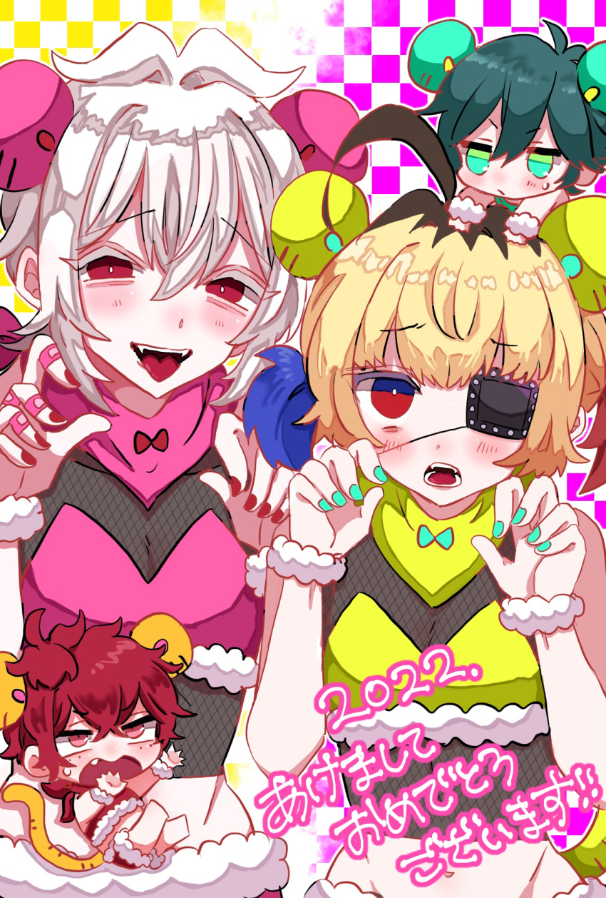 4boys, aida_yuuya, akamura_shouma, androgynous, aqua_eyes, black_hair, blonde_hair, blue_hair