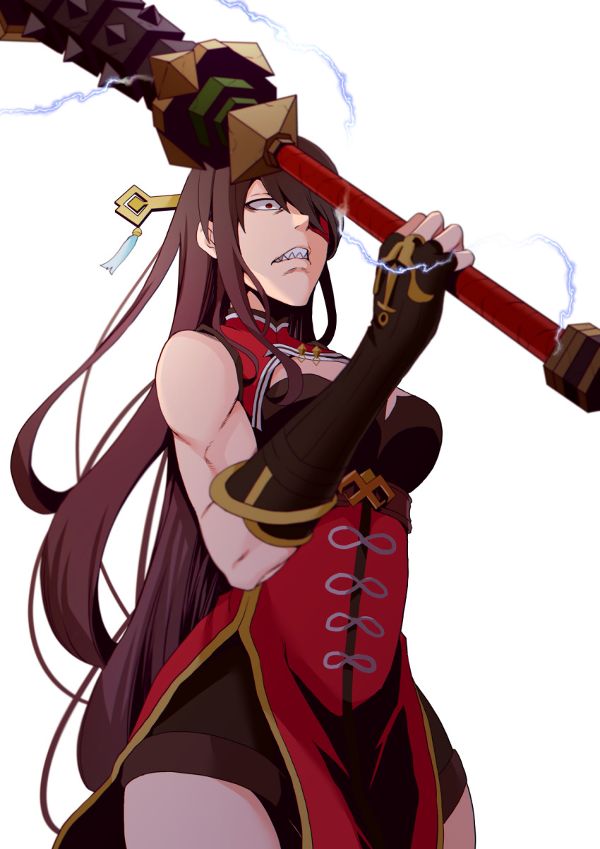 1girl, angry, beidou_(genshin_impact), black_gloves, black_hair, breasts, chinese_clothes, cleavage, club_(weapon), commentary_request, debate_club_(genshin_impact), fingerless_gloves, genshin_impact, gloves, hair_between_eyes, hair_ornament, hairpin, highres, holding, holding_club, holding_weapon, lightning, long_hair, looking_at_viewer, medium_breasts, muscular, muscular_female, red_eyes, sharp_teeth, sidelocks, simple_background, sleeveless, solo, teeth, weapon, white_background, yasehattagi
