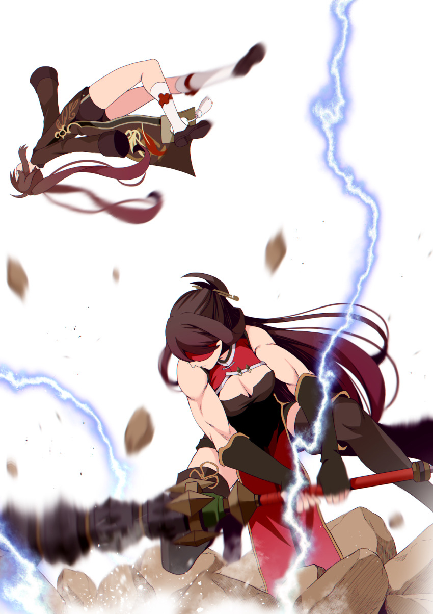 2girls, angry, beidou_(genshin_impact), black_hair, breasts, brown_hair, chinese_clothes, cleavage, closed_eyes, club_(weapon), commentary_request, debate_club_(genshin_impact), eyepatch, fighting, genshin_impact, hair_between_eyes, hair_ornament, hair_over_one_eye, hairpin, hat, highres, holding, holding_club, holding_weapon, hu_tao_(genshin_impact), lightning, long_hair, long_sleeves, looking_at_another, medium_breasts, multiple_girls, muscular, muscular_female, porkpie_hat, sidelocks, simple_background, slapping_breasts, sleeveless, throwing, told_you_not_to_do_that, twintails, weapon, white_background, yasehattagi