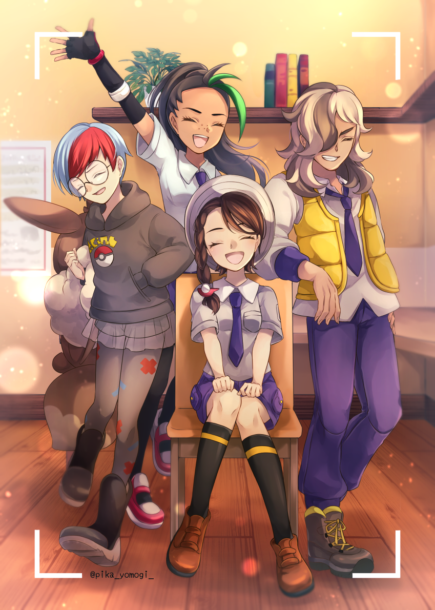 1boy, 3girls, ankle_boots, arm_rest, arm_up, arven_(pokemon), black_hair, book