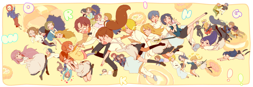 6+boys, 6+girls, bad_id, bad_pixiv_id, blush, child, everyone, food, glasses, highres, inami's_father, inami_mahiru, inami_mahiru's_mother, matsumoto_maya, mukamo, mukamo_(inujita), multiple_boys, multiple_girls, otoo_hyougo, pantyhose, parfait, ponytail, satou_jun, shirafuji_kyouko, souma_hiroomi, sword, takanashi_izumi, takanashi_kazue, takanashi_kotori, takanashi_kozue, takanashi_nazuna, takanashi_souta, taneshima_popura, time_paradox, todoroki_yachiyo, trap, waitress, weapon, working!!, yamada_aoi