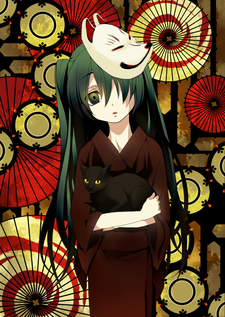 1girl, animal, bad_id, bad_pixiv_id, cat, female_focus, fox_mask, green_eyes