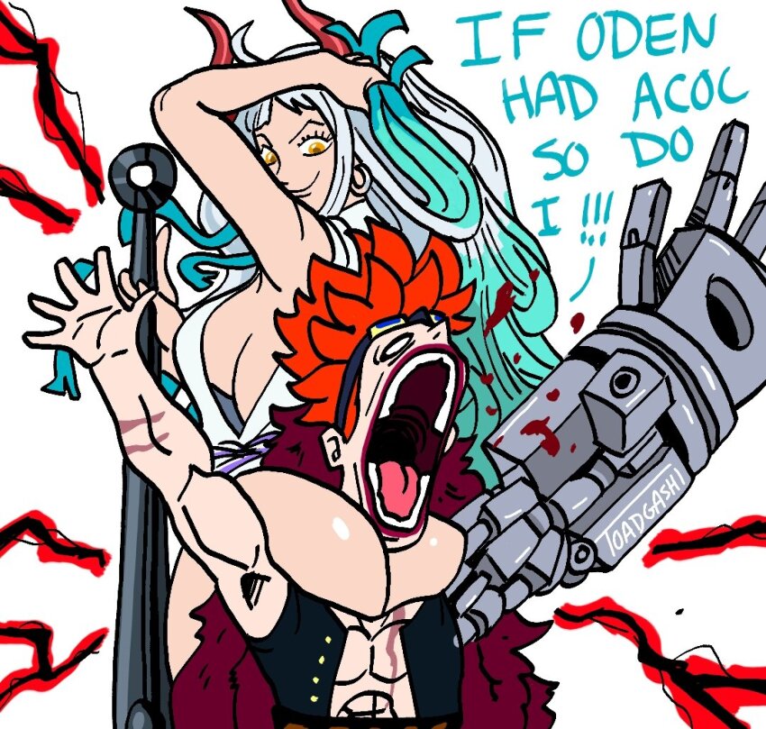 1boy, 1girl, arm_behind_head, artist_name, ass, blank_eyes, blood, breasts, broly_culo_(meme), cleavage, club, club_(weapon), defeat, english_text, eustass_kid, femdom, fur_trim, haki_(one_piece), holding, holding_weapon, horns, huge_ass, humiliation, kanabou, large_breasts, long_hair, looking_at_another, looking_back, mechanical_arms, meme, multicolored_hair, muscular, one_piece, pain, parody, ponytail, short_hair, single_mechanical_arm, size_difference, smile, spiked_hair, toadgashi, very_long_hair, weapon, what, yamato_(one_piece)