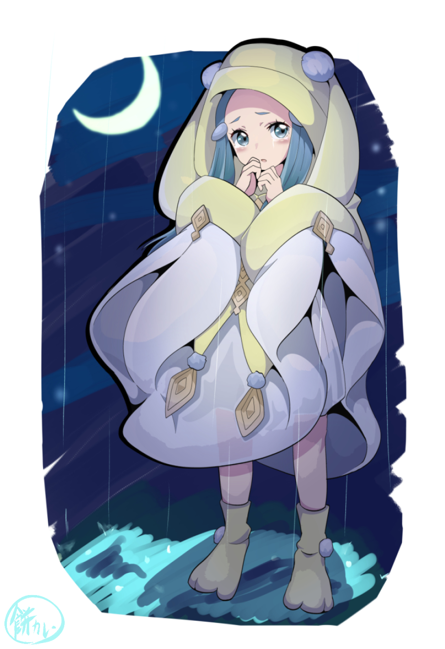 1girl, animal_hood, border, comic, crescent_moon, duel_monster, ghost_mourner_&amp;_moonlit_chill, grass