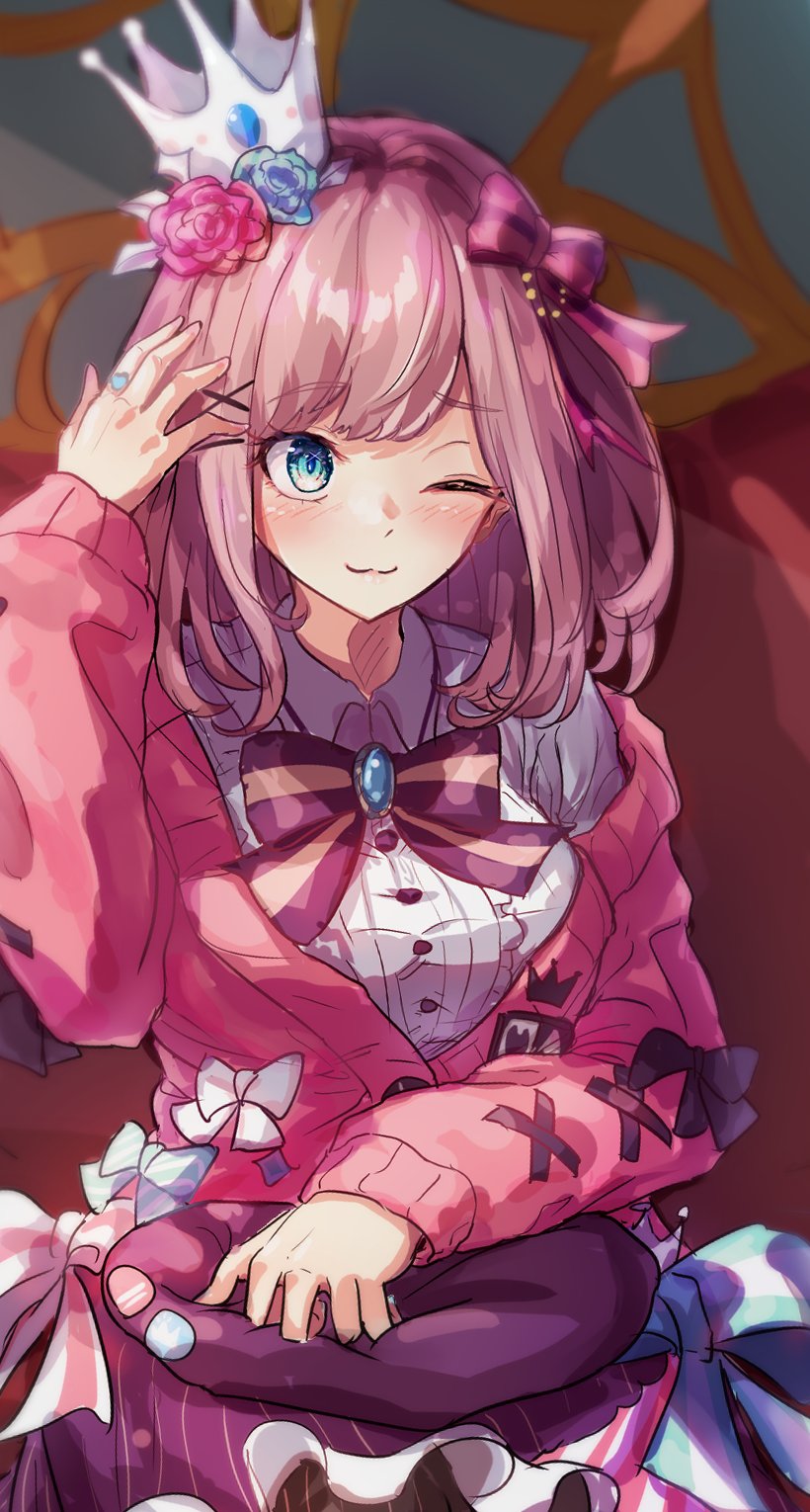 1girl, :3, asymmetrical_bangs, asymmetrical_hair, beret, blue_eyes, blurry, blurry_background, blush, bow, brooch, brown_hair, buttons, cardigan, closed_mouth, collared_shirt, cowboy_shot, crown, depth_of_field, flower, furrowed_brow, green_eyes, hair_bow, hair_flower, hair_ornament, hand_on_headwear, hand_on_lap, hands_up, happy_birthday, hat, hat_pin, high-waist_skirt, highres, holding, holding_unworn_clothes, holding_unworn_hat, jewelry, light, long_sleeves, looking_away, looking_to_the_side, medium_hair, muzi_folder, nijisanji, one_eye_closed, pantyhose, pink_cardigan, ring, shirt, sitting, skirt, smile, solo, striped_clothes, striped_pantyhose, striped_skirt, suzuhara_lulu, suzuhara_lulu_(1st_costume), two-tone_bow, unworn_hat, unworn_headwear, vertical-striped_clothes, vertical-striped_pantyhose, virtual_youtuber, white_bow, white_shirt, x_hair_ornament