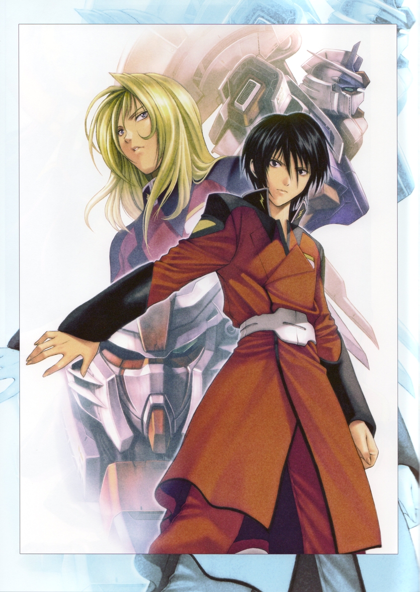 00s, 2boys, black_eyes, black_hair, blonde_hair, blue_eyes, destiny_gundam, gundam