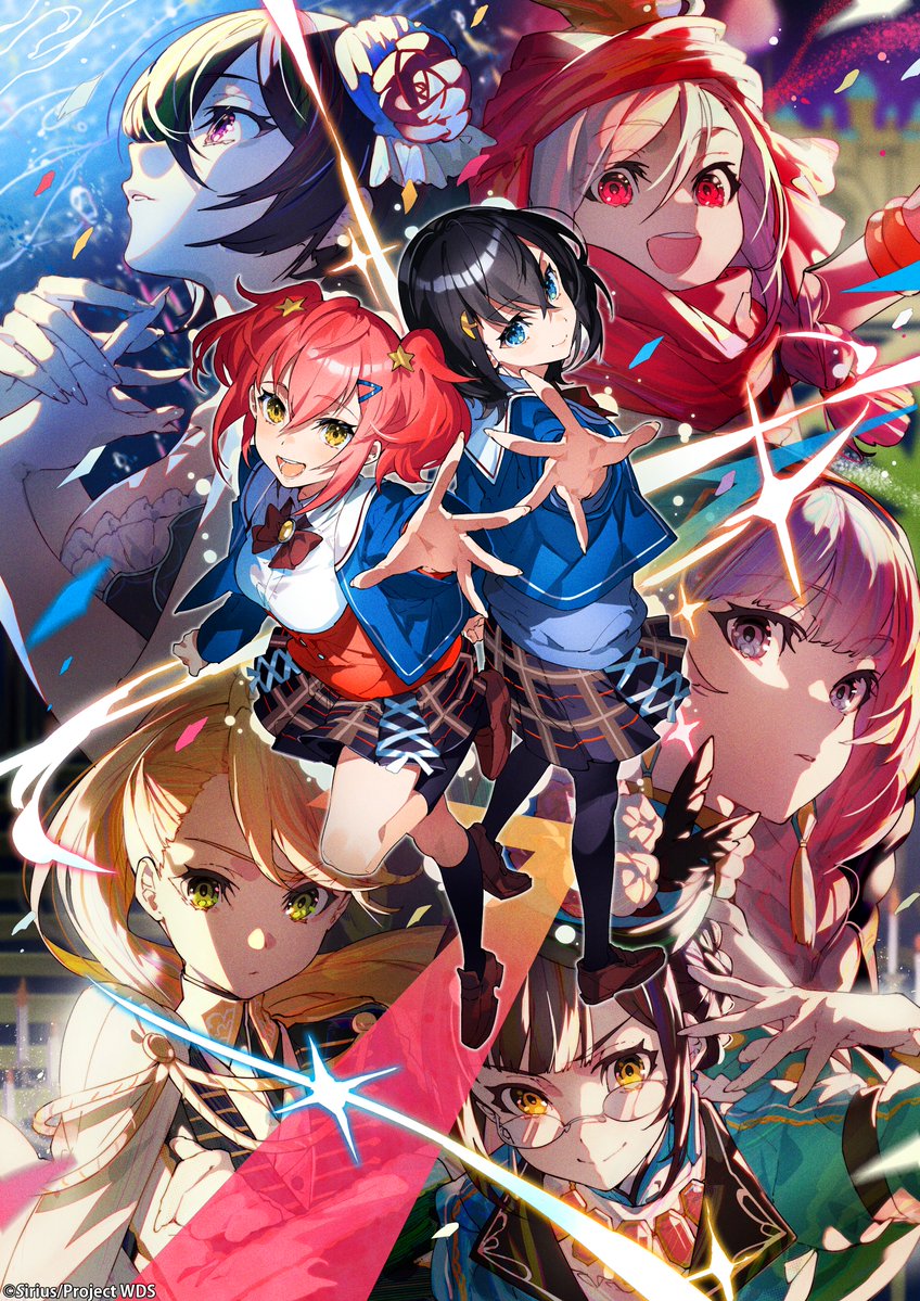 6+girls, black_hair, black_pantyhose, black_socks, blonde_hair, blue_eyes, blue_jacket, bow