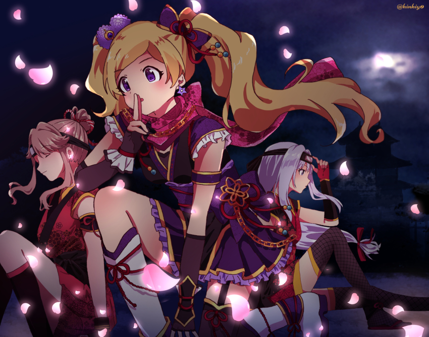 3girls, arm_up, armband, armor, artist_name, black_footwear, blonde_hair, blue_eyes