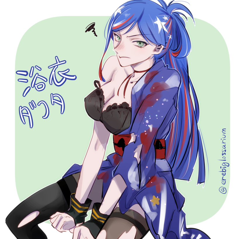 alternate_costume, annoyed, aratsuta_(aoedou), black_bra, black_thighhighs, blue_hair, blue_kimono, bra