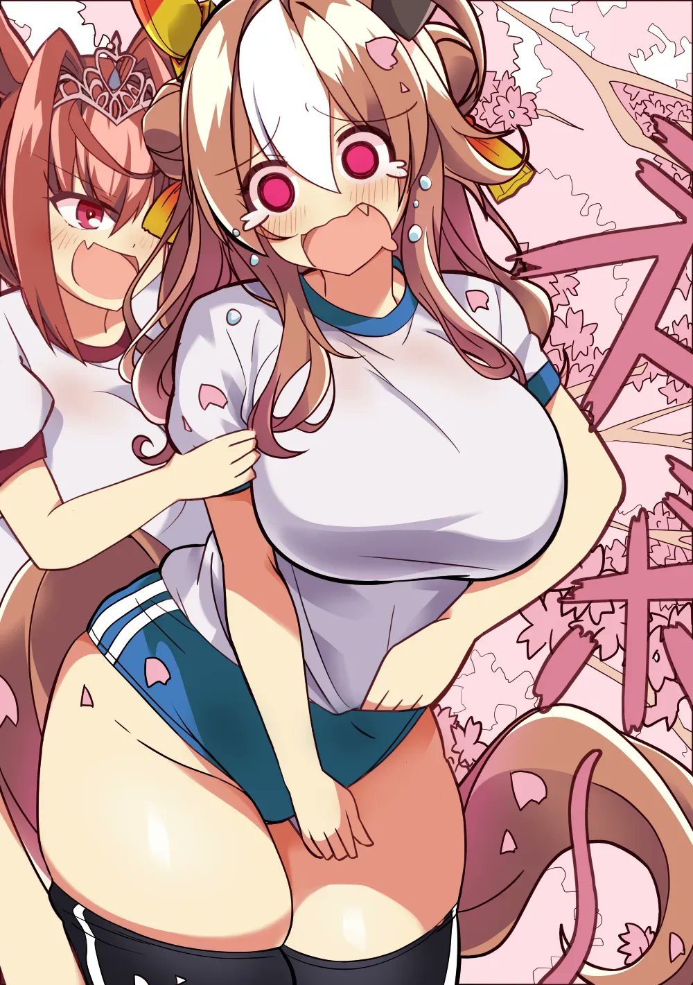 2girls, adjusting_shirt, ahoge, animal_ears, black_thighhighs, blue_buruma, breasts, brown_hair