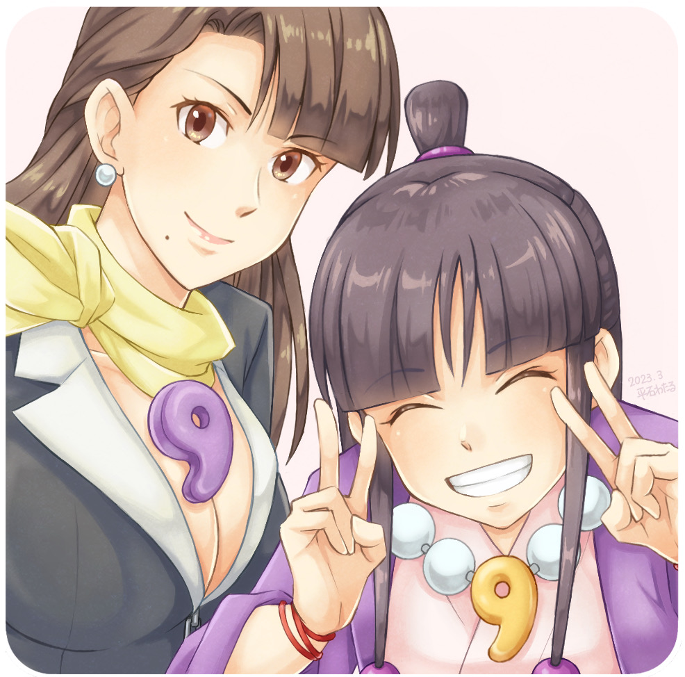 2girls, ace_attorney, asymmetrical_bangs, black_hair, black_jacket, blunt_bangs, blush, breasts, brown_eyes, brown_hair, cleavage, closed_eyes, closed_mouth, double_v, earrings, grin, hair_ornament, hiraishi_wataru, jacket, japanese_clothes, jewelry, large_breasts, long_hair, long_sleeves, looking_at_viewer, magatama, magatama_necklace, maya_fey, mia_fey, mole, mole_under_mouth, multiple_girls, necklace, parted_bangs, scarf, siblings, sidelocks, simple_background, sisters, small_breasts, smile, sphere_hair_ornament, upper_body, v, yellow_scarf