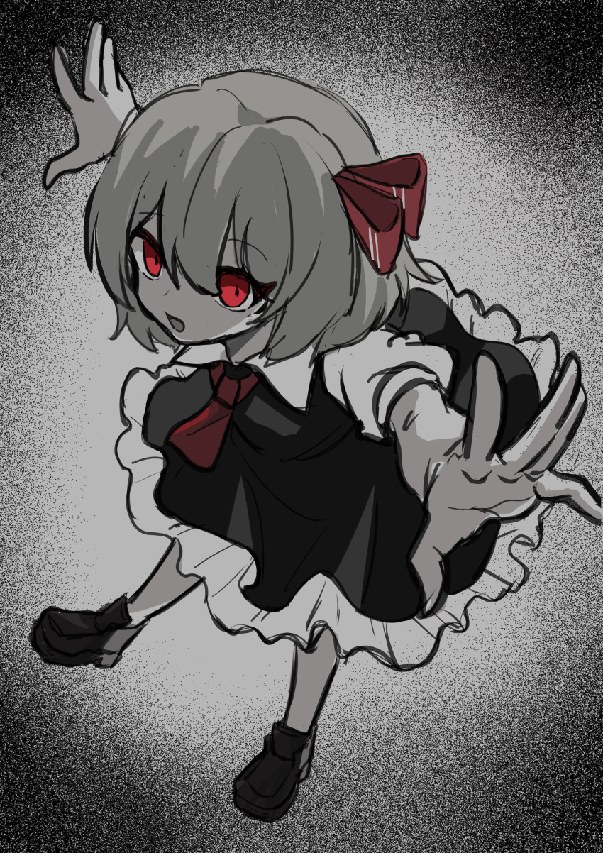1girl, ascot, black_dress, black_footwear, collared_shirt, dark_background, dress, frilled_dress, frills, full_body, gradient_background, hair_ribbon, highres, jaggy_lines, long_sleeves, open_mouth, outstretched_arms, red_ascot, red_eyes, red_ribbon, ribbon, rumia, shikemoku, shirt, short_hair, solo, touhou, white_shirt