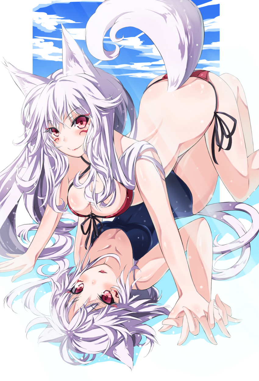 2girls, animal_ears, bikini, breasts, cat_ears, cat_tail, cleavage, decchi_oyabun