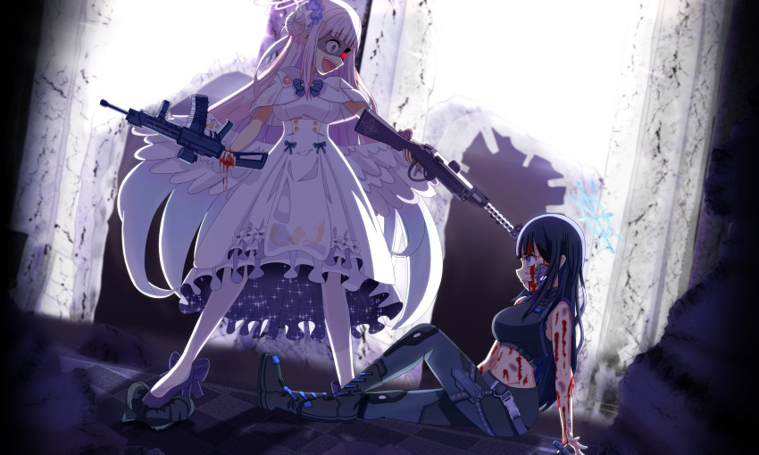 2girls, :d, absurdres, aiming, angel_wings, backlighting, baseball_cap, black_footwear