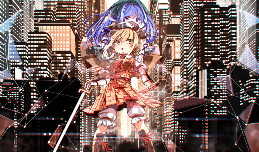2girls, arawara, armor, armored_dress, blonde_hair, blue_hair, building, city