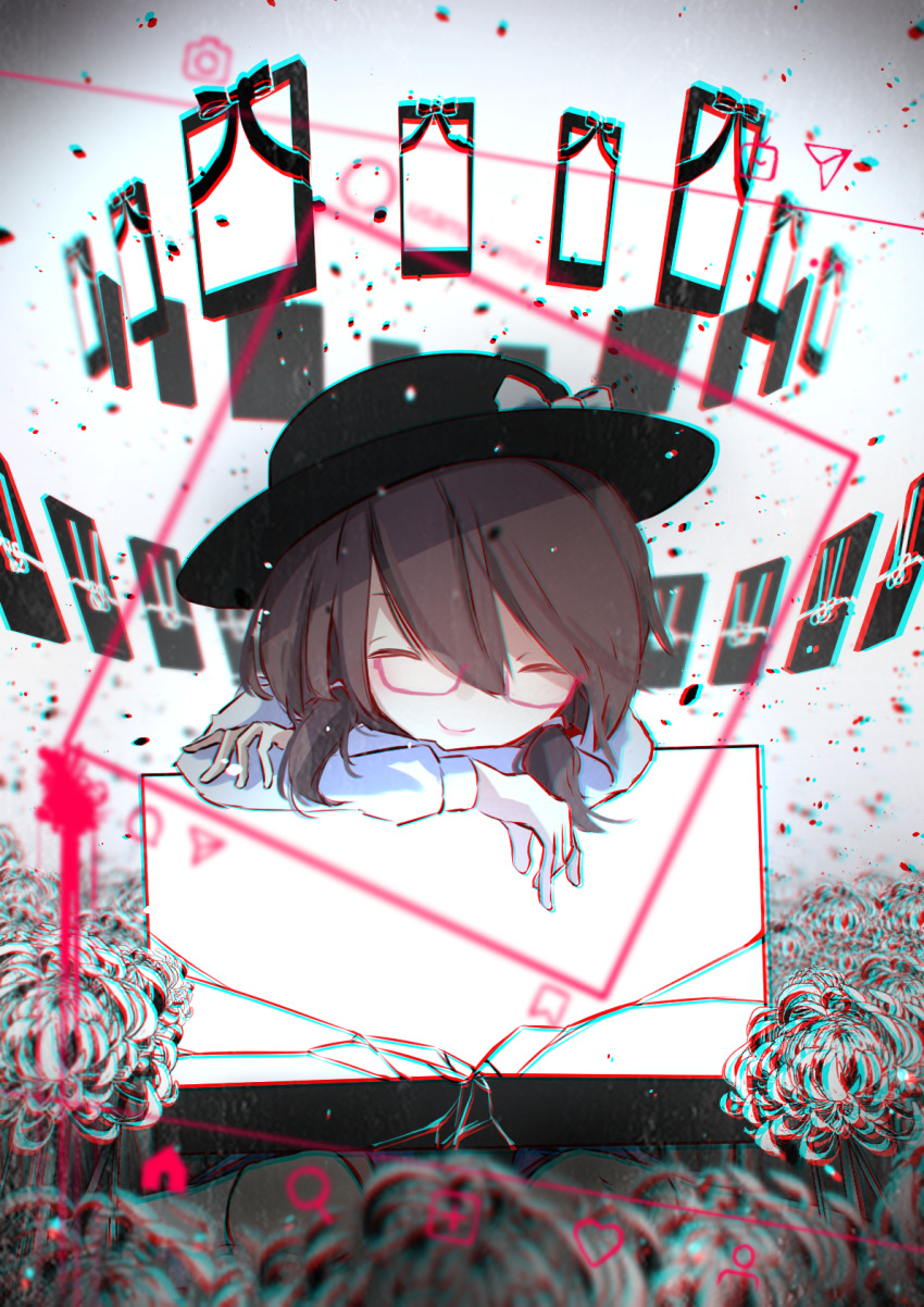 1girl, arawara, black_hat, bow, brown_hair, clip_studio_paint_(medium), closed_mouth, commentary