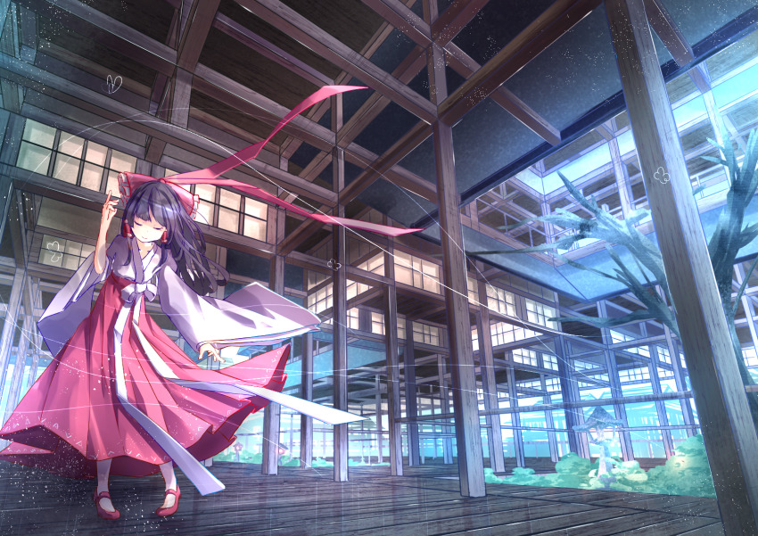 1girl, arawara, bare_tree, black_hair, bow, clip_studio_paint_(medium), closed_eyes, closed_mouth, commentary, full_body, hair_bow, hair_tubes, hakurei_reimu, high-waist_skirt, highres, japanese_clothes, kimono, lantern, long_hair, long_sleeves, miko, red_bow, red_footwear, red_skirt, shrine, sidelocks, skirt, solo, standing, touhou, tree, white_kimono, wide_sleeves, wind