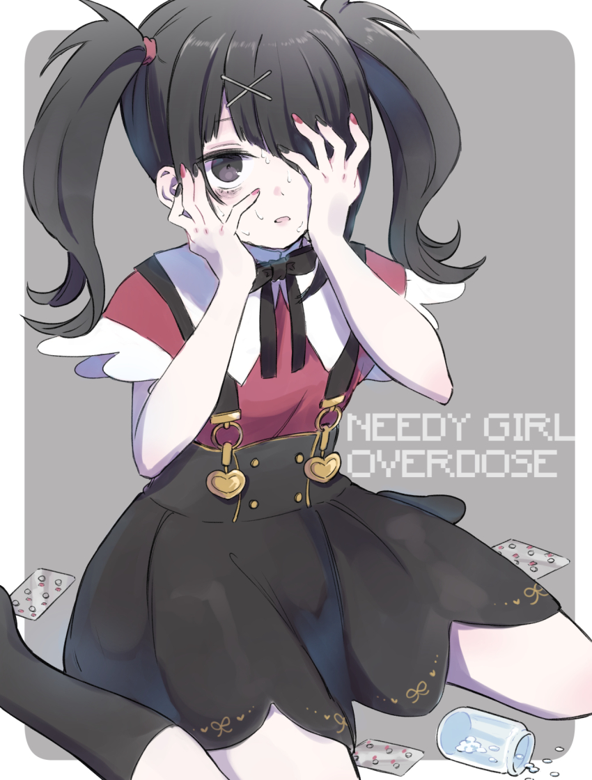 1girl, ame-chan_(needy_girl_overdose), bags_under_eyes, black_eyes, black_hair, black_nails, black_ribbon, black_skirt
