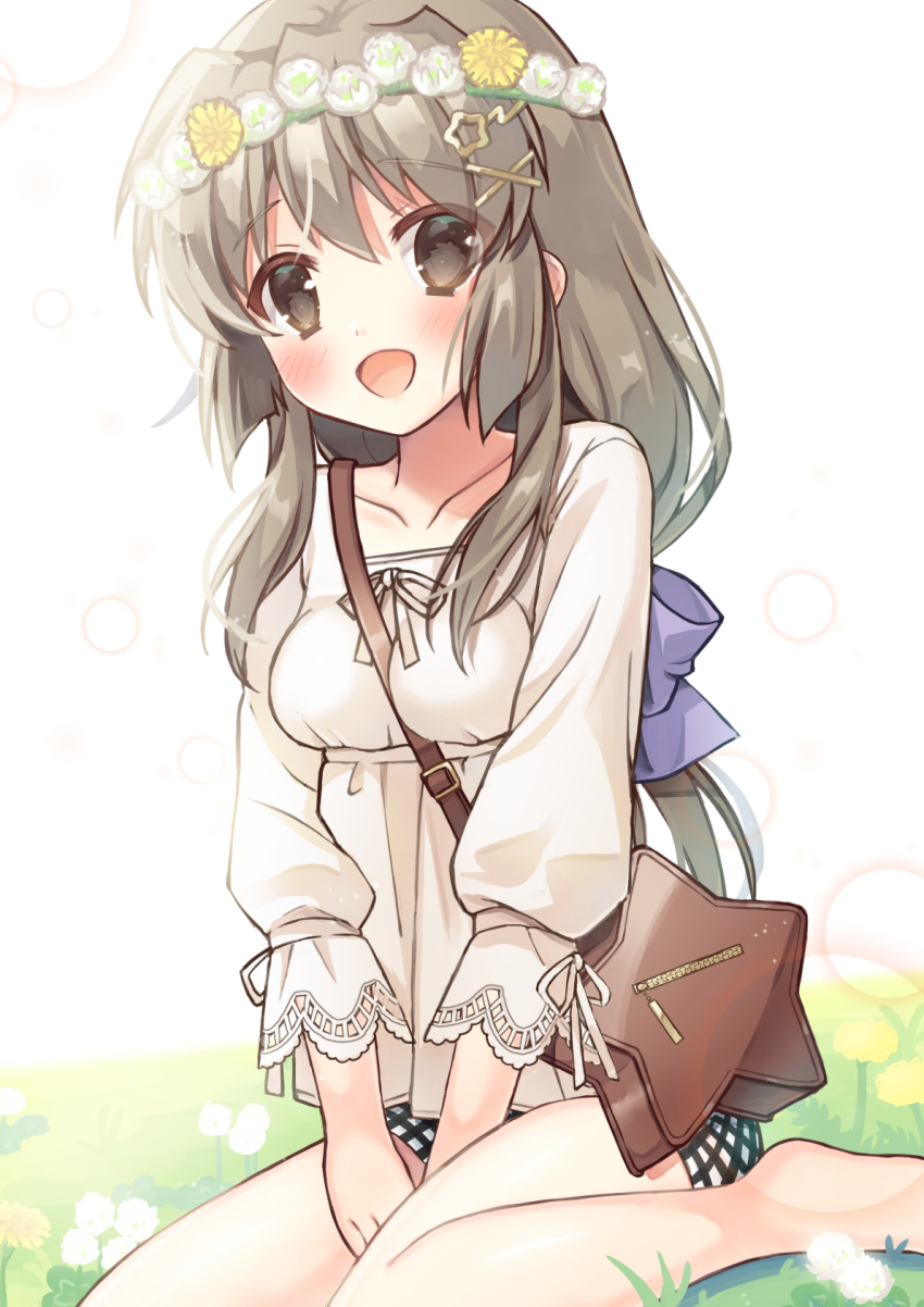 bag, barefoot, black_shorts, brown_eyes, clannad, gingham_shorts, grass, grey_hair