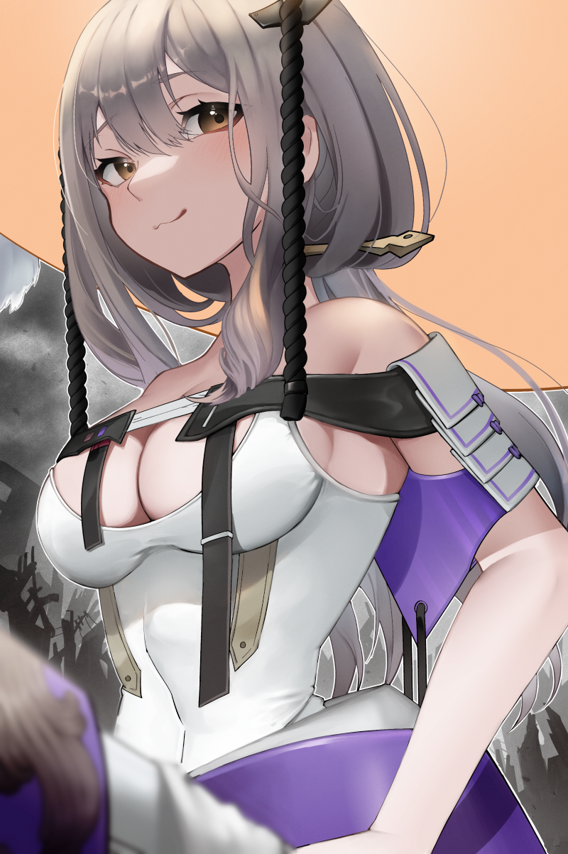 1girl, alternate_costume, arm_guards, arm_up, armor, breasts, chest_strap, cleavage