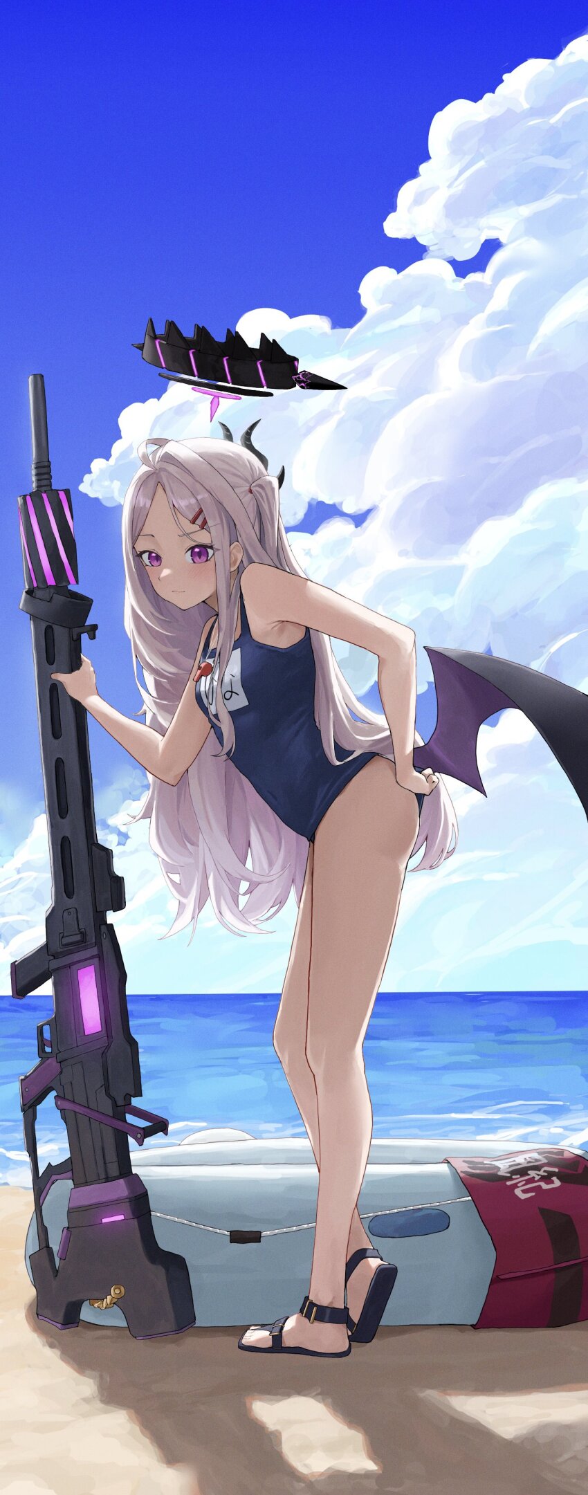 1girl, absurdres, adjusting_clothes, adjusting_swimsuit, ahoge, arm_support, armpits, ass, backlighting, beach, black_sandals, blue_archive, blue_sky, blurry, cloud, cloudy_sky, commentary_request, demon_girl, demon_horns, demon_wings, depth_of_field, forehead, from_side, full_body, gun, hair_ornament, hairclip, halo, highres, hina_(blue_archive), hina_(swimsuit)_(blue_archive), holding, holding_gun, holding_weapon, horizon, horns, leaning_forward, lifebuoy, long_hair, looking_at_viewer, looking_to_the_side, machine_gun, mg42, name_tag, ocean, official_alternate_costume, old_school_swimsuit, one_side_up, purple_eyes, sandals, school_swimsuit, sidelocks, sky, sleeveless, solo, standing, swim_ring, swimsuit, tai_saka, toes, weapon, whistle, whistle_around_neck, white_hair, wings