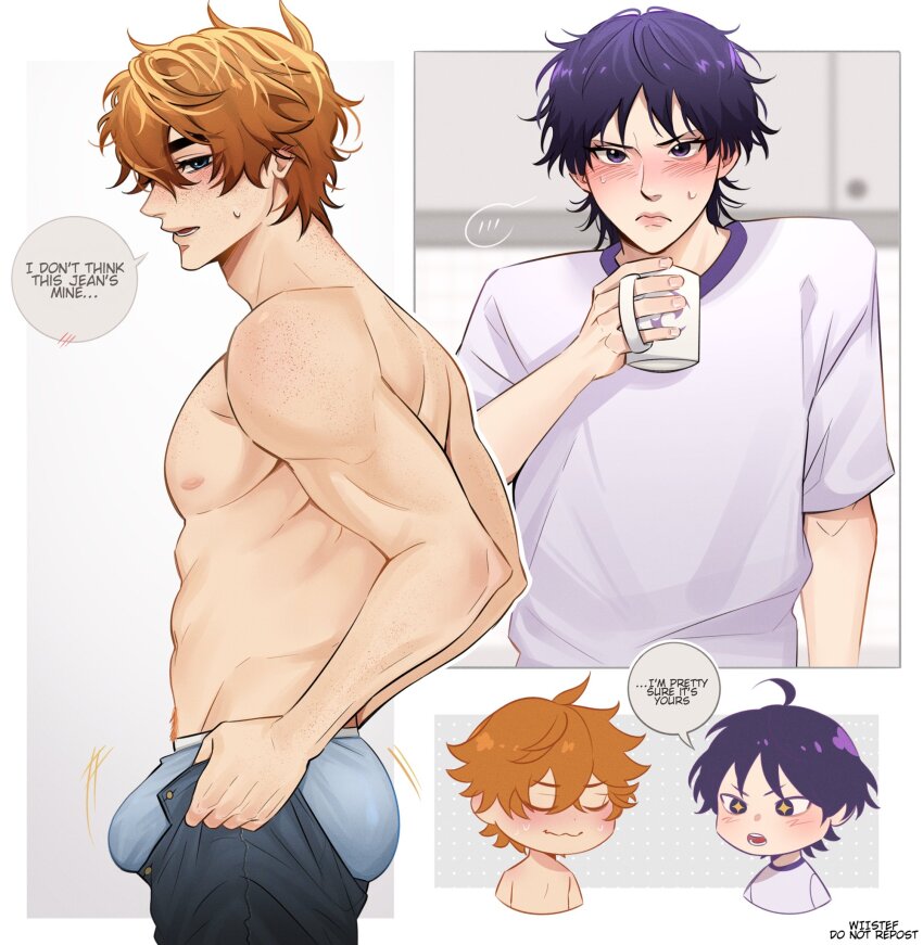 +_+, 2boys, blue_eyes, bouncing_ass, bouncing_bulge, bulge, bulge_lift, cup, dressing, genshin_impact, grey_male_underwear, highres, holding, holding_cup, i've_never_seen_a_guy_recreate_this_successfully_tbh_(meme), large_bulge, large_pectorals, looking_at_bulge, looking_at_viewer, male_focus, male_underwear, meme, motion_lines, multiple_boys, muscular, muscular_male, navel_hair, nipples, open_pants, orange_hair, pants, pants_lift, pectorals, purple_eyes, purple_hair, purple_shirt, scaramouche_(genshin_impact), shirt, short_hair, speech_bubble, t-shirt, tartaglia_(genshin_impact), topless_male, undersized_clothes, underwear, wiistef, yaoi
