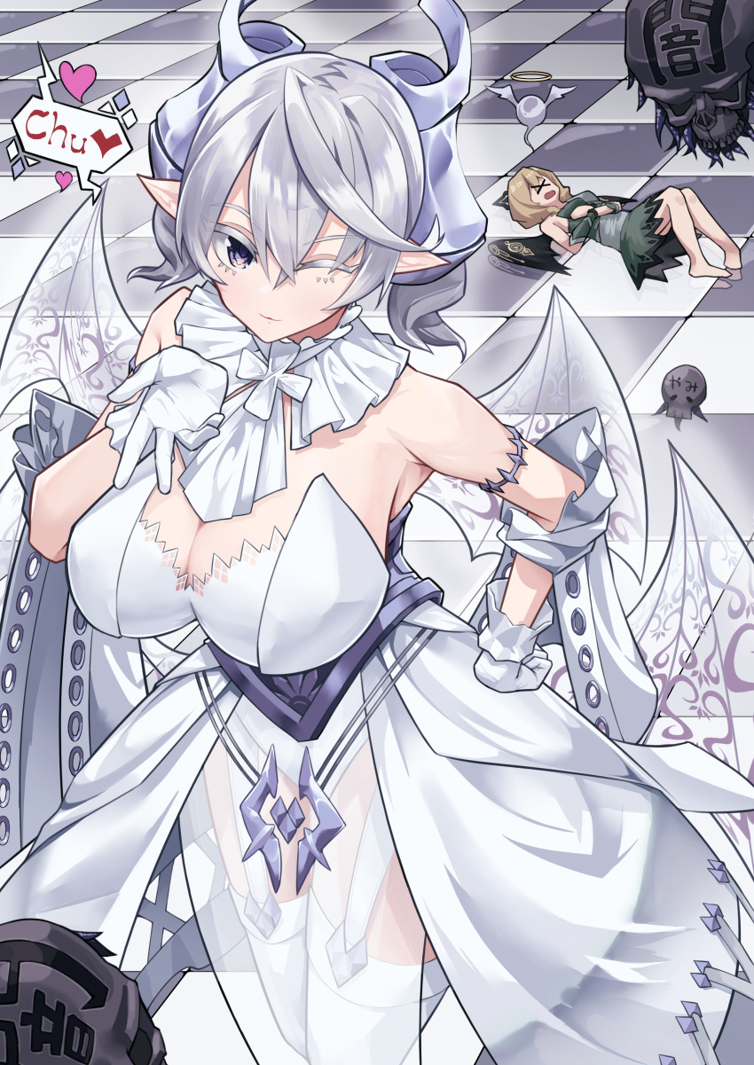 2girls, absurdres, armpits, blowing_kiss, breasts, checkered_floor, cleavage, demon_girl, demon_wings, dress, duel_monster, eradicator_epidemic_virus, fairy, gameplay_mechanics, giving_up_the_ghost, gloves, grey_eyes, grey_hair, highres, hugin_the_runick_wings, large_breasts, leotard, lovely_labrynth_of_the_silver_castle, low_wings, multiple_girls, nanamilem, one_eye_closed, pointy_ears, solo_focus, strapless, strapless_dress, twintails, virus, wings, yu-gi-oh!