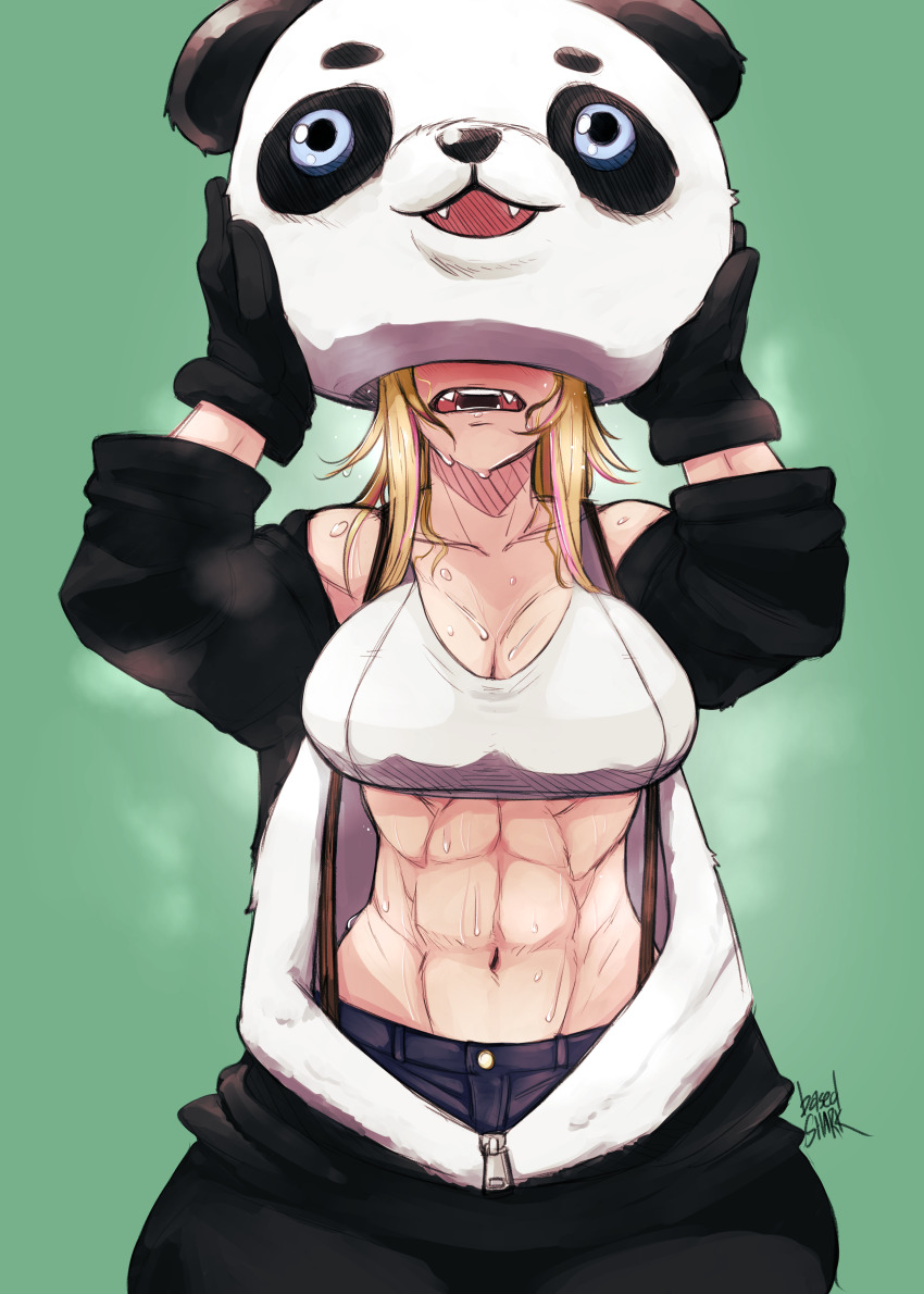 1girl, absurdres, animal_costume, basedshark, black_gloves, blonde_hair, blush, breasts, cleavage, commentary, commission, covered_face, english_commentary, gloves, green_background, highres, hot, large_breasts, long_hair, mascot_head, midriff, muscular, muscular_female, open_mouth, original, panda_costume, pants, solo, sports_bra, sweat, unzipped, white_sports_bra