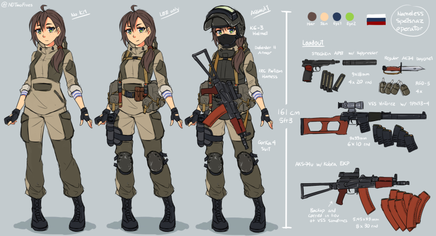 1girl, aks-74u, altyn_helmet, ammunition, assault_rifle, balaclava, bayonet, brown_hair