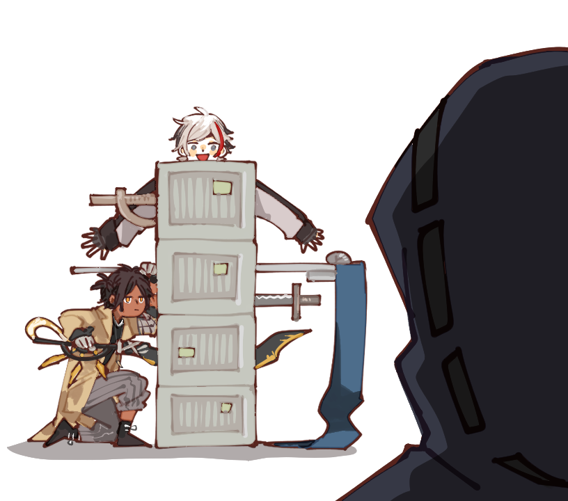 arknights, dark-skinned_male, dark_skin, doctor_(arknights), elysium_(arknights), feather_hair, holding, holding_sword, holding_weapon, ivority, magic_trick, male_focus, orange_eyes, red_hair, sword, thorns_(arknights), weapon, white_hair