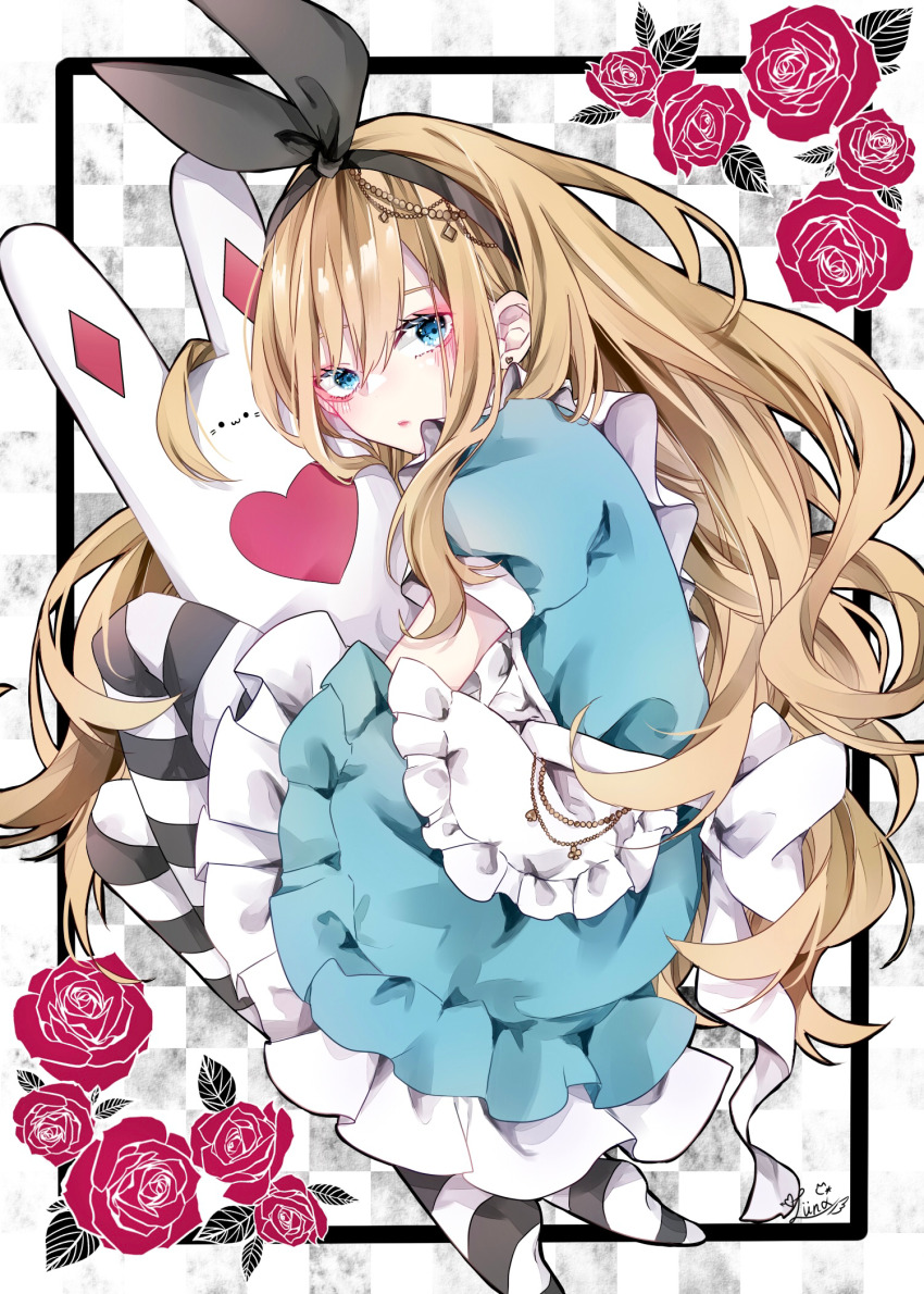 1girl, alice_(alice_in_wonderland), alice's_adventures_in_wonderland, animal_ears, black_hairband, black_ribbon, blonde_hair, blue_dress
