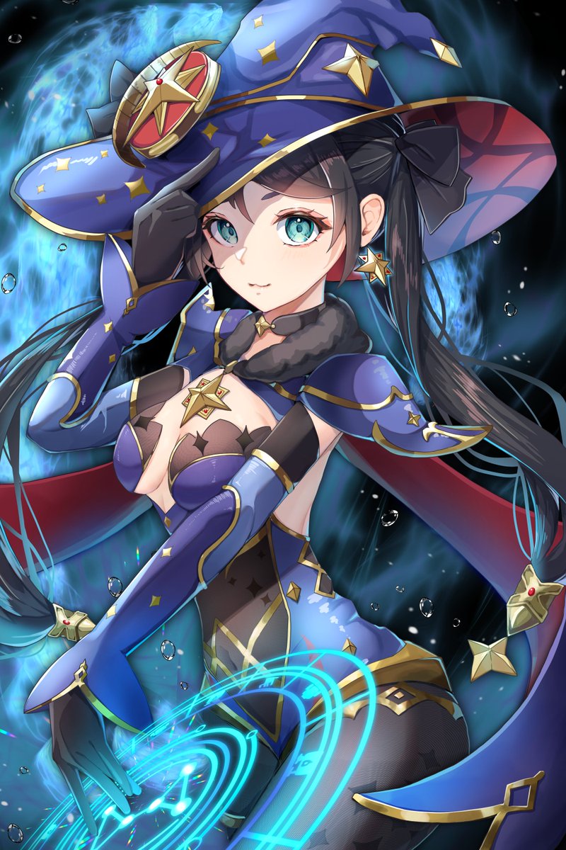 black_gloves, black_hair, blue_capelet, blue_eyes, bodystocking, breasts, capelet, commentary