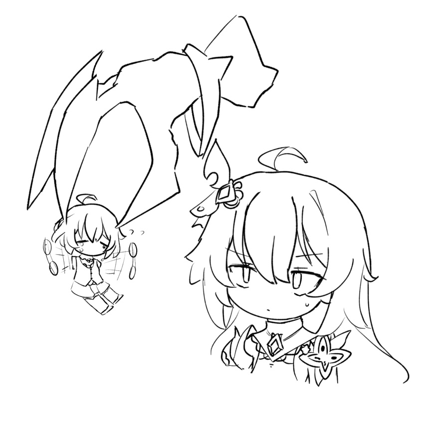 2girls, afterimage, ahoge, chibi, closed_eyes, closed_mouth, cropped_torso, disembodied_hand