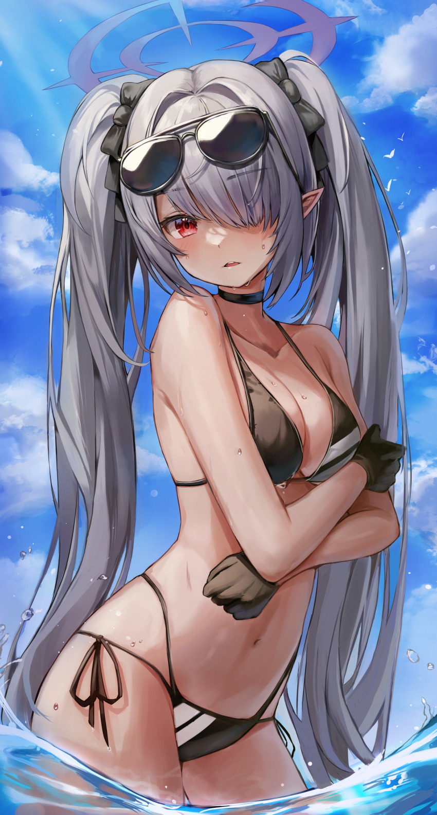 1girl, absurdres, bikini, black_gloves, blue_archive, blush, breasts, choker