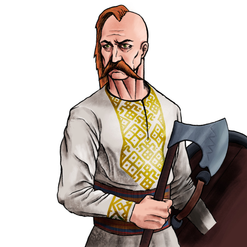 1boy, axe, bald, battle_axe, blue_sash, brown_facial_hair, brown_hair, brown_sash