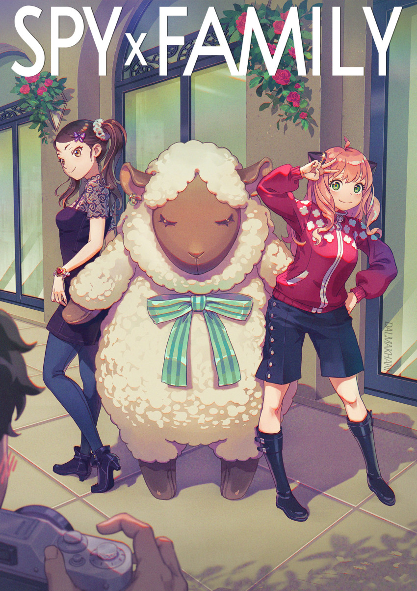 1boy, 2girls, aged_up, animal_costume, anya_(spy_x_family), becky_blackbell, black_hair, blush, boots, brown_eyes, brown_hair, camera, dalmakhani3, damian_desmond, denim, dress, green_eyes, high_heel_boots, high_heels, highres, holding, holding_camera, jacket, jeans, multiple_girls, pants, pink_hair, purple_dress, sheep_costume, shorts, smile, spy_x_family, statue, taking_picture, v