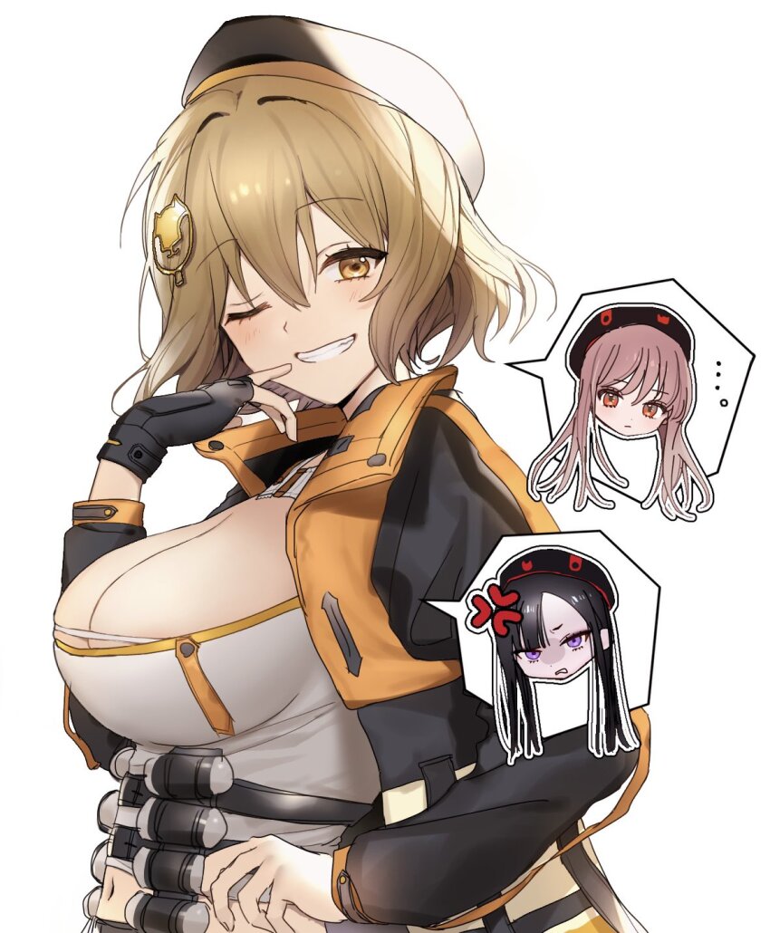 ..., 3girls, angry, anis_(nikke), arm_up, asymmetrical_bangs, beret, black_gloves