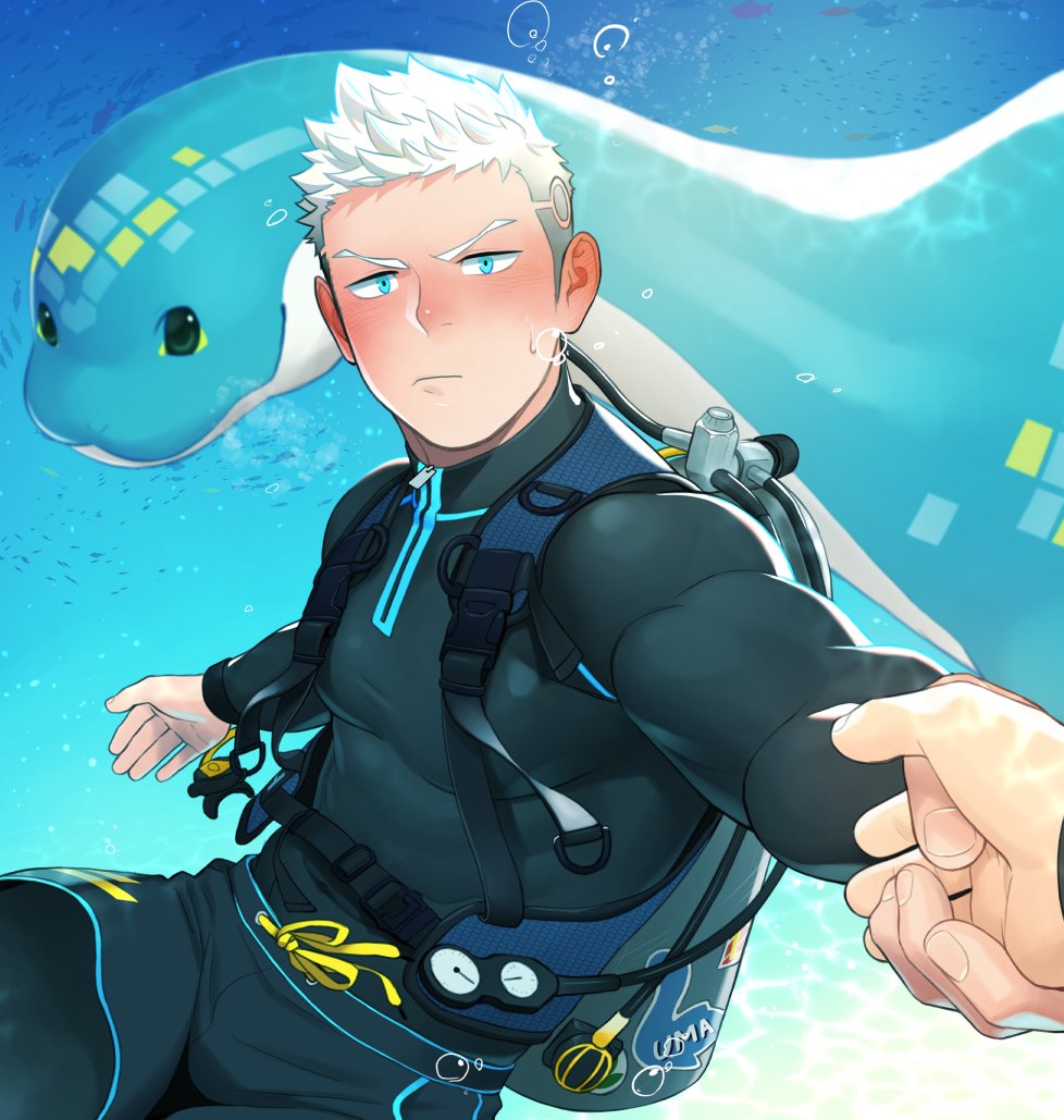 2boys, animal, bara, black_bodysuit, black_male_swimwear, blue_eyes, blush, bodysuit