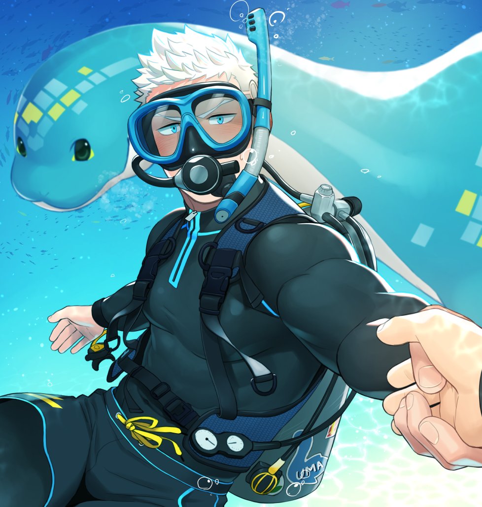 2boys, animal, bara, black_bodysuit, black_male_swimwear, blue_eyes, blush, bodysuit, gaius_(live_a_hero), holding_hands, itto_(mentaiko), large_pectorals, live_a_hero, male_focus, male_protagonist_(live_a_hero), male_swimwear, multiple_boys, muscular, muscular_male, pectorals, short_hair, solo_focus, submerged, underwater, water, white_hair