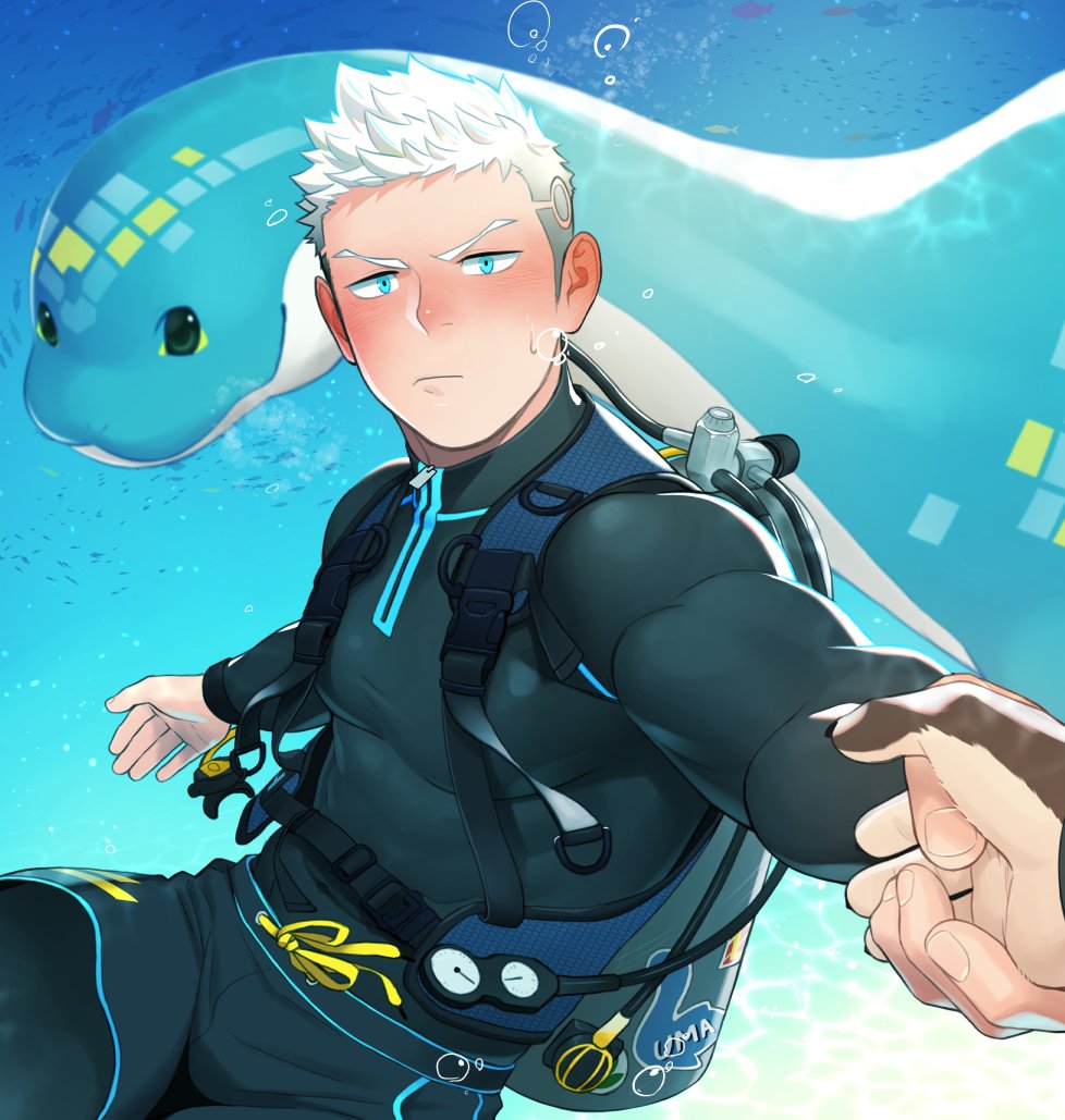 2boys, animal, bara, black_bodysuit, black_male_swimwear, blue_eyes, blush, bodysuit